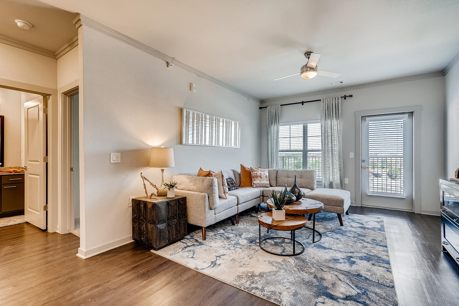 a living room with a couch and a table